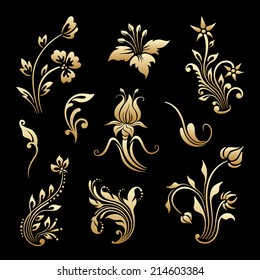 Vector set of vintage floral decorative elements for design, print, embroidery.