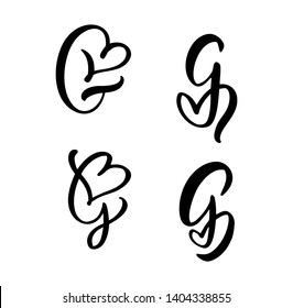 Vector Set of Vintage floral letter monogram G. Calligraphy element Valentine flourish. Hand drawn heart sign for page decoration and design illustration. Love wedding card for invitation