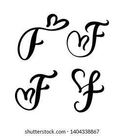 Vector Set of Vintage floral letter monogram F. Calligraphy element Valentine flourish. Hand drawn heart sign for page decoration and design illustration. Love wedding card for invitation