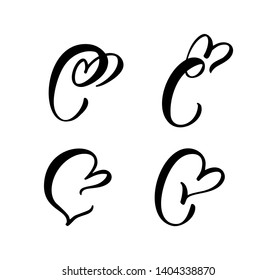 Vector Set of Vintage floral letter monogram C. Calligraphy element Valentine flourish. Hand drawn heart sign for page decoration and design illustration. Love wedding card for invitation