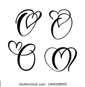 Vector Set of Vintage floral letter monogram O. Calligraphy element Valentine flourish. Hand drawn heart sign for page decoration and design illustration. Love wedding card for invitation