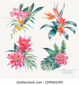 Vector set of vintage floral tropical natural elements. Exotic flowers, twigs and leaves. Botanical bright classic collection isolated on white background. 