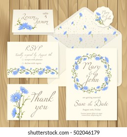 Vector set of vintage floral wedding invitation templates - card response, save the date, thank you, table number, label with blue flowers and envelope (pattern completely under the mask).