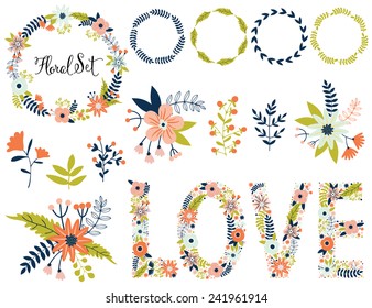 Vector set with vintage flowers. Vector illustration. Vintage love collection. Compositions, wreath, lettering, typography, frame.