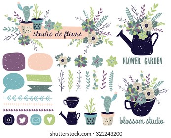 Vector set with vintage flowers. Vector illustration. Succulents, cactus, compositions, shapes, logos, borders.