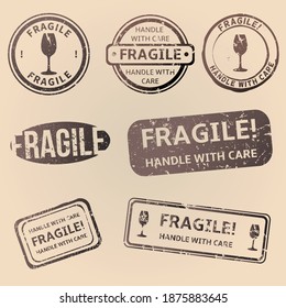 Vector Set of Vintage Fragile Stamps on Brown Background