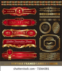 Vector set of vintage framed golden labels, borders, patterns, ornament & other decor on wood texture