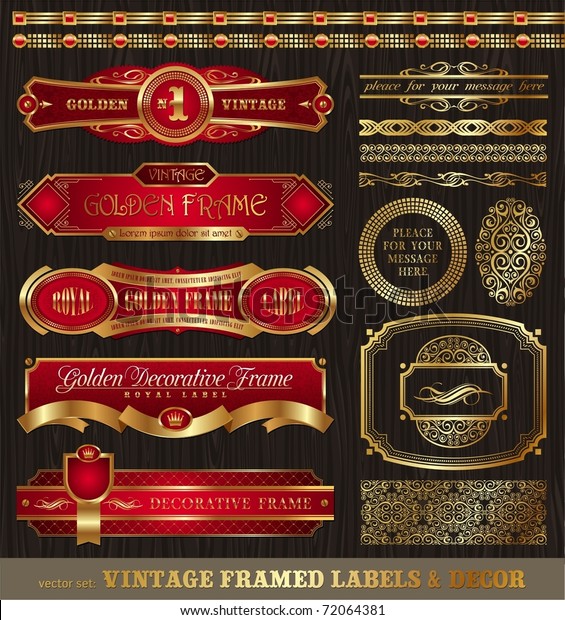 Vector set of vintage\
framed golden labels, borders, patterns, ornament & other\
decor on wood texture