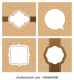 Vector set of vintage frames and banners with craft paper texture. White frame and text boxes on cardboard background. Template for text information, label, package and print design.
