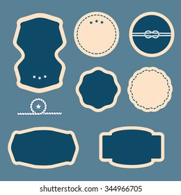 Vector set of Vintage frames, blank retro badges and labels. Dark blue blank frame and label. Set of sea and nautical labels, badges.