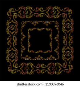 Vector set of vintage frames with boho, ethnic, tribal feathers, beads. Graphic design templates for labels, badges, tile, quotes. Square frames with different size. Premium gold color