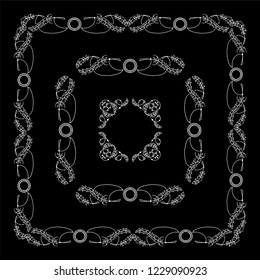 Vector set of vintage frames with boho, ethnic, tribal feathers, beads. Graphic design templates for labels, badges, tile, quotes. Square frames with different size. Black and white chalkboard