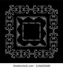 Vector set of vintage frames with boho, ethnic, tribal feathers, beads. Graphic design templates for labels, badges, tile, quotes. Square frames with different size. Black and white chalkboard