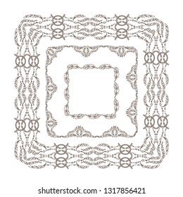 Vector set of vintage frames with boho, ethnic, tribal feathers, beads. Graphic design templates for labels, badges, tile, quotes. Square frames with different size