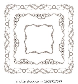 Vector set of vintage frames with boho, ethnic, tribal feathers, beads. Graphic design templates for labels, badges, tile, quotes. Square frames with different size