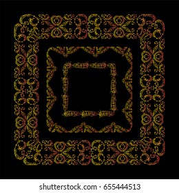 Vector set of vintage frames with boho, ethnic, tribal feathers, beads. Graphic design templates for labels, badges, tile, quotes. Square frames with different size. Premium gold color