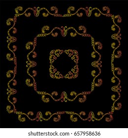 Vector set of vintage frames with boho, ethnic, tribal feathers, beads. Different elements in each set. Square frames with different size. Premium gold color