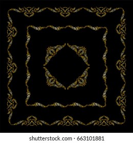 Vector set of vintage frames with boho, ethnic, tribal feathers, beads. Graphic design templates for labels, badges, tile, quotes. Square frames with different size. Premium gold color