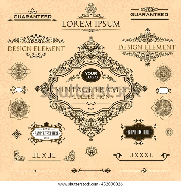 Vector set of vintage frames and design\
elements: page decoration, Premium Quality  antique and baroque \
Borders, text delimiters, cadres with place for\
text.\
