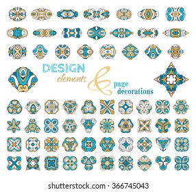 Vector set of vintage geometric ornaments. Design elements and ornamental page decorations. Blue and gold.  Isolated on white background. 