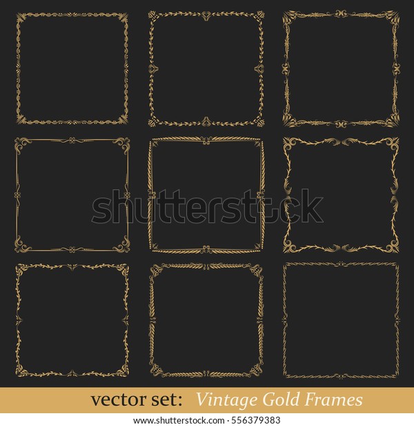 Vector set\
of vintage gold frames on black\
background