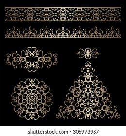 Vector set of vintage gold ornamental borders and swirly decorative design elements on black