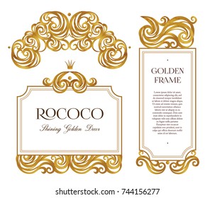 Vector set with vintage golden frames; ornate floral vignette for design template. Victorian style element. Rococo decoration. Arabic motifs. Ornamental illustration for invitation, greeting card.