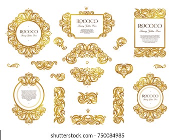 Vector set with vintage golden frames; ornate floral vignette for design template. Victorian style element. Rococo decoration. Arabic motifs. Ornamental illustration for invitation, greeting card.