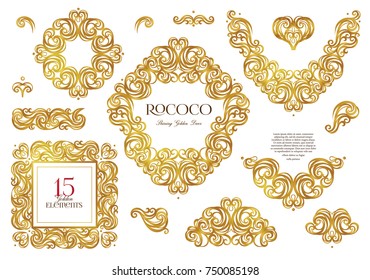 Vector set with vintage golden frames; ornate floral vignette for design template. Victorian style element. Rococo decoration. Arabic motifs. Ornamental illustration for invitation, greeting card.