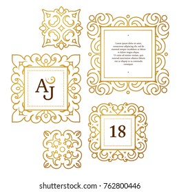 Vector set with vintage golden frames, ornate vignettes for design template. Victorian style element. Golden outline floral decor. Luxury motifs. Ornamental illustration for invitation, greeting card.