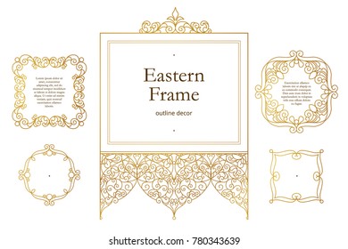 Vector set with vintage golden frames, ornate vignettes for design template. Victorian style element. Golden outline floral decor. Luxury motifs. Ornamental illustration for invitation, greeting card.