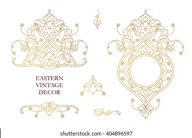 Vector set of vintage golden vignettes, frame in Eastern style. Line art element for design, place for text. Ornamental patterns for invitations, birthday, greeting cards. Traditional outline decor.