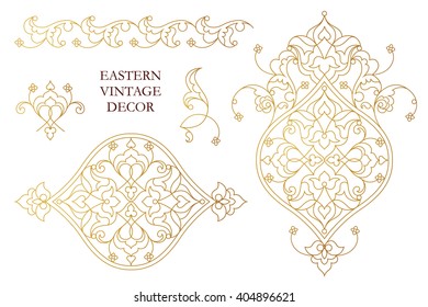 Vector set of vintage golden vignettes in Eastern style. Line art  element for design, place for text. Ornamental patterns for wedding invitations, birthday, greeting cards. Traditional outline decor.