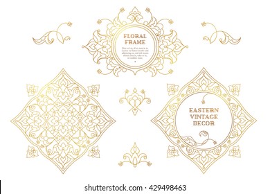 Vector set of vintage golden vignettes, frame in Eastern style. Line art element for design, place for text. Ornamental patterns for invitations, birthday, greeting cards. Traditional outline decor.