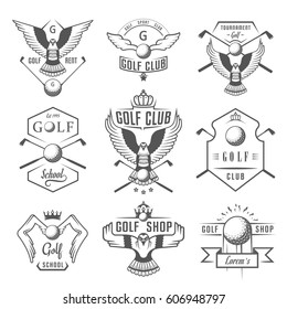 Vector set of vintage golf club logos, labels and emblems. Set of golf country club logo templates. Golf labels and badges with sample text. Emblems for golf tournaments, organizations and clubs.