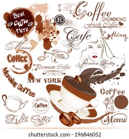 Vector set of vintage grunge elements on coffee theme