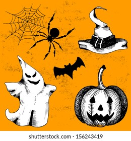 Vector set of vintage halloween icons. Hand drawn elements for halloween party.