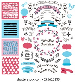 vector set of vintage hand draw wedding design elements, invitation, decorative elements, textures, ribbons. Floral laureths and dividers
