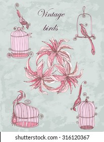vector set vintage hand drawing birds with cages and lily  in chinoiserie style for wedding, birthday, invitation design