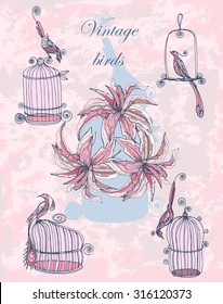 vector set vintage hand drawing birds with cages and lily  in chinoiserie style for wedding, birthday, invitation design