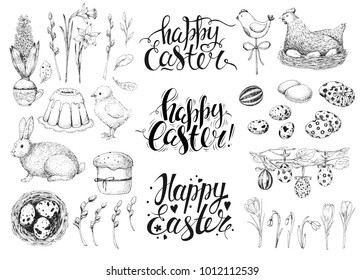 Vector set vintage hand drawn sketches and handwritten inscriptions Happy Easter. Brush lettering, modern ink calligraphy. Engraving elements: eggs, willow, nest, chicken, bunny, cake, spring flowers.