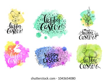Vector set vintage hand drawn sketches and handwritten inscriptions Happy Easter. Brush lettering, modern ink calligraphy. Engraving elements: eggs, willow, bunny, cake. Watercolor.