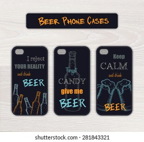 vector set of vintage hand drawn phone case made in beer theme with funny label on wooden desk