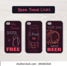 vector set of vintage hand drawn phone case made in beer theme with funny label on wooden desk