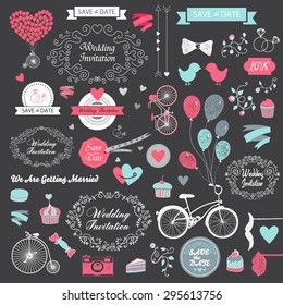 vector set of vintage hand drawn wedding design elements, invitation, decorative elements on blackboard black background. Wedding collection