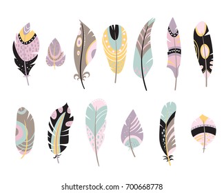 Vector set of vintage hand drawn feathers isolated on white background