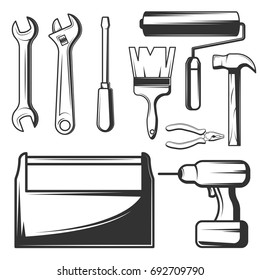 Vector set of vintage hand work tools symbols, icons isolated on white background. Wrench, adjustable spanner, screwdriver, hammer, pliers, paintbrush, roller, drill black templates for logos, print.