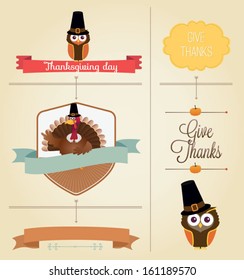 Vector Set: Vintage happy Thanksgiving Day Labels and Icons