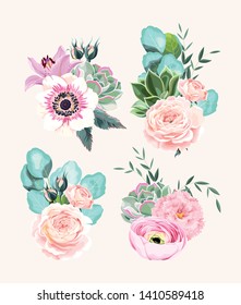 Vector set of vintage high detailed bouquets of flowers, succulents and eucalyptus