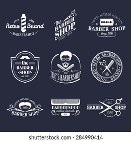 Conjunto vectorial de logos vintage de barbershop hipster. Colección de distintivos o emblemas de peluquero.